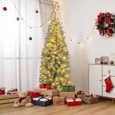 4.5/6.5/7.5/9 FT Pre-lit Pencil Christmas Tree Hinged Artificial Tree