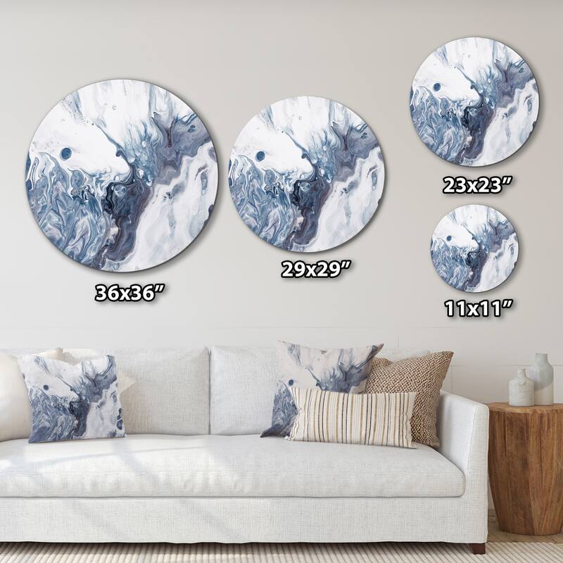 Designart 'Blue Grey And White Liquid Art Waves I' Modern Metal Circle Wall Art