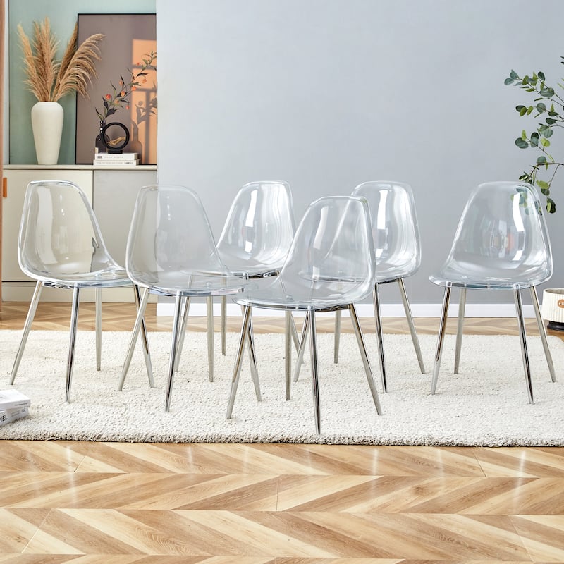 Roomfitters Transparent Plastic Dining Chairs with Silver Metal Legs, Armless Crystal Style Makeup or Office Set of 6 - Silver