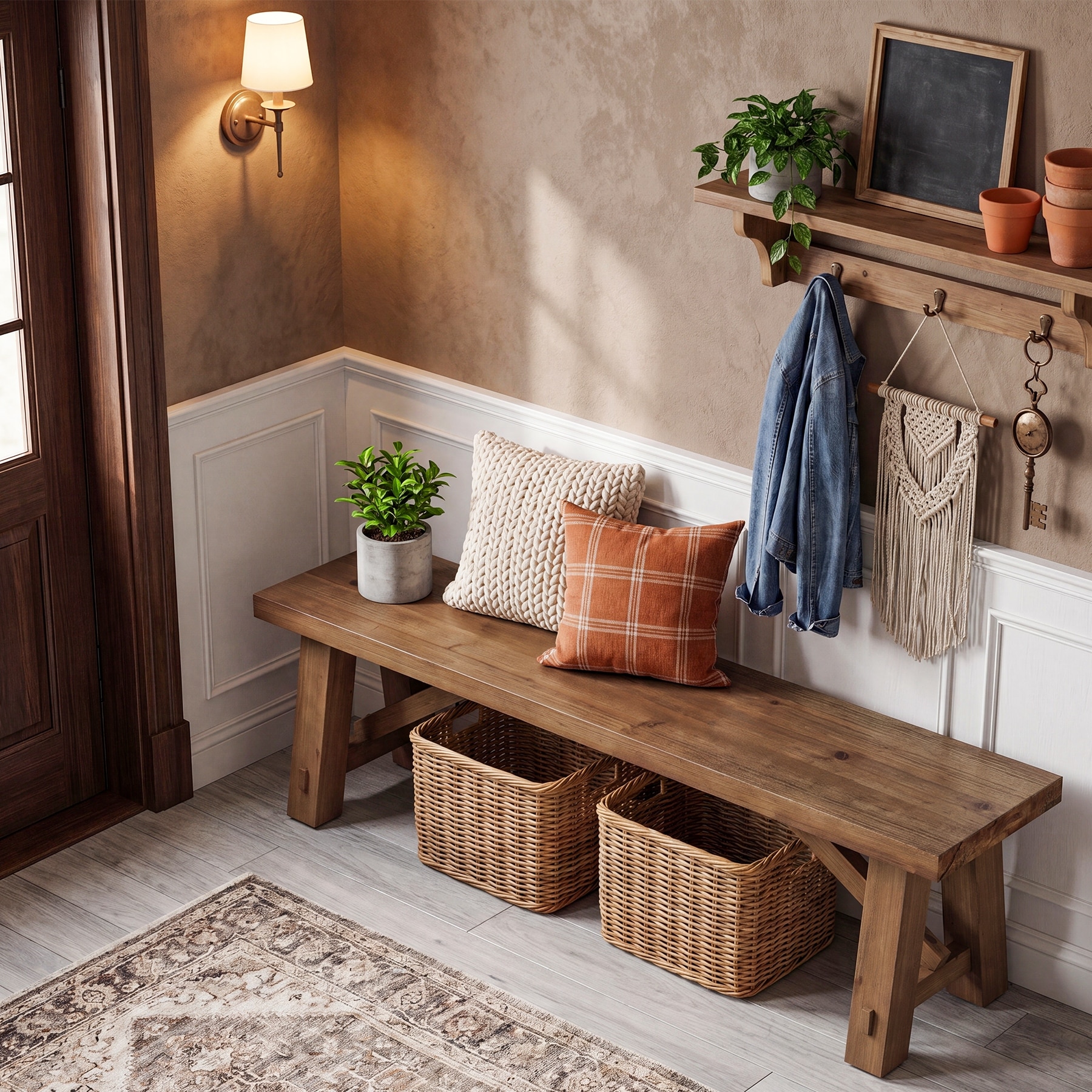 71 Inch Farmhouse Shoe Bench, Solid Wood Entryway Seat, Brown - 70.87" W × 14.17" D × 17.72" H