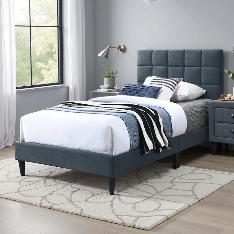 Lilian Twin Bed, Soft Biscuit Tufted Charcoal Gray Linen Upholstery