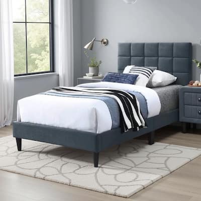 Lilian Twin Bed, Soft Biscuit Tufted Charcoal Gray Linen Upholstery