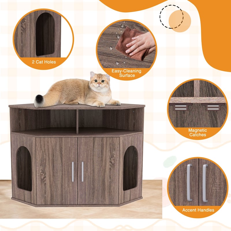 Grey Engineered Wood Cat Litter Box Cabinet with Storage and Corner Design