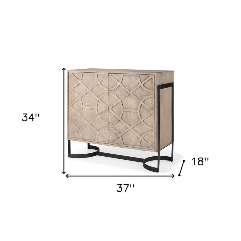 HomeRoots 37" Brown and Black Solid Wood and Metal Carved Geometric Accent Cabinet With Two Doors
