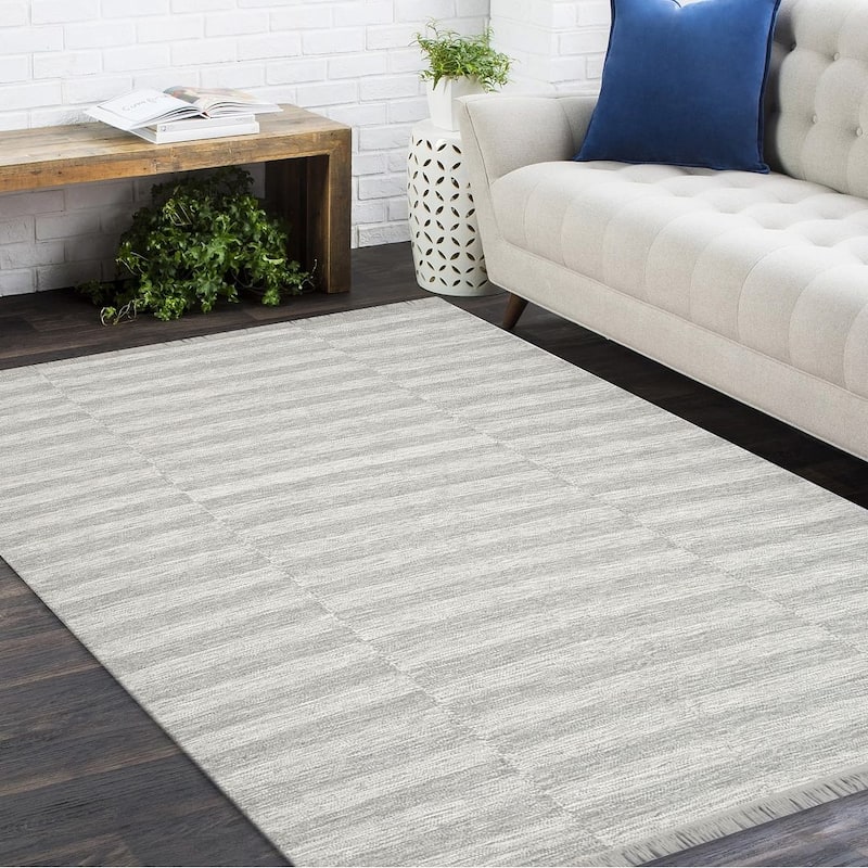 Overton Handmade Modern Contemporary Striped Area Rug - 8' x 10' - Silver/Seal