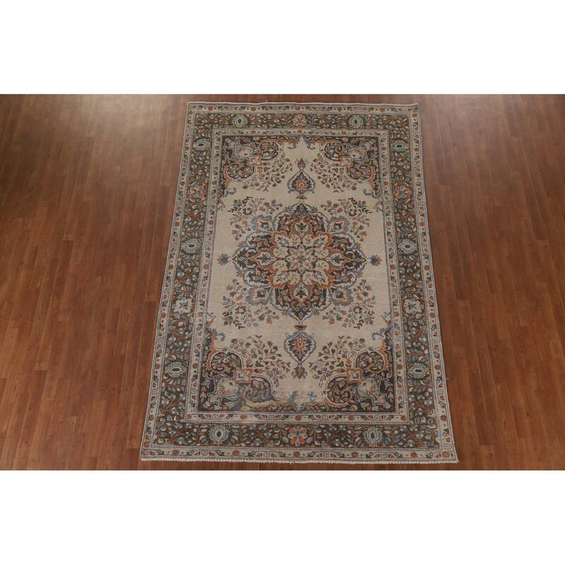 Hand Knotted Oriental 100% Wool Carpet Traditional Floral Beige & Ivories Tabriz Area Rug - 9' 8'' X 6' 5''