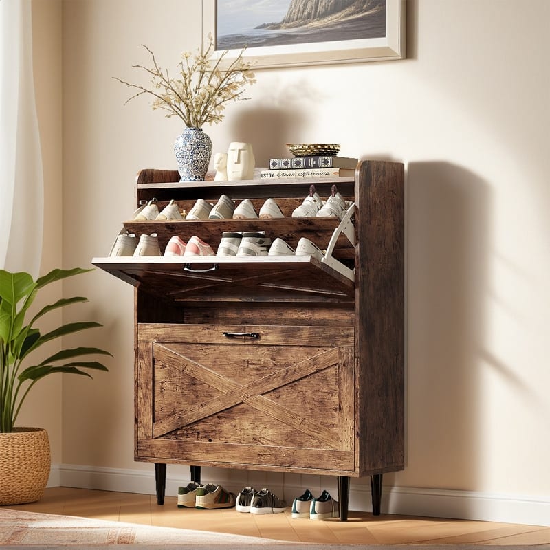 2 Flip 1 Barrier Barn Door Shoe Cabinet Melamine Embossed 31.6in