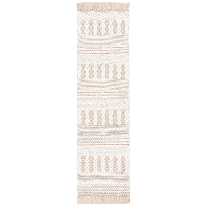 SAFAVIEH Handmade Natura Josyane Rustic Boho Fringe Wool Rug - 2'3" x 8' Runner - Ivory/Taupe
