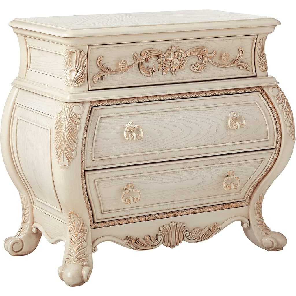 Antique White Nightstand with Three Drawers, French Detailing and Felt-Lined Top Drawer