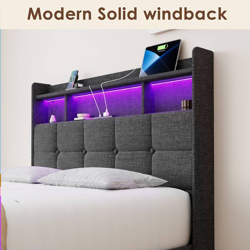 King Size Upholstered Platform Bed with LED Lights, Charging Station & Storage Headboard, No Box Spring Needed
