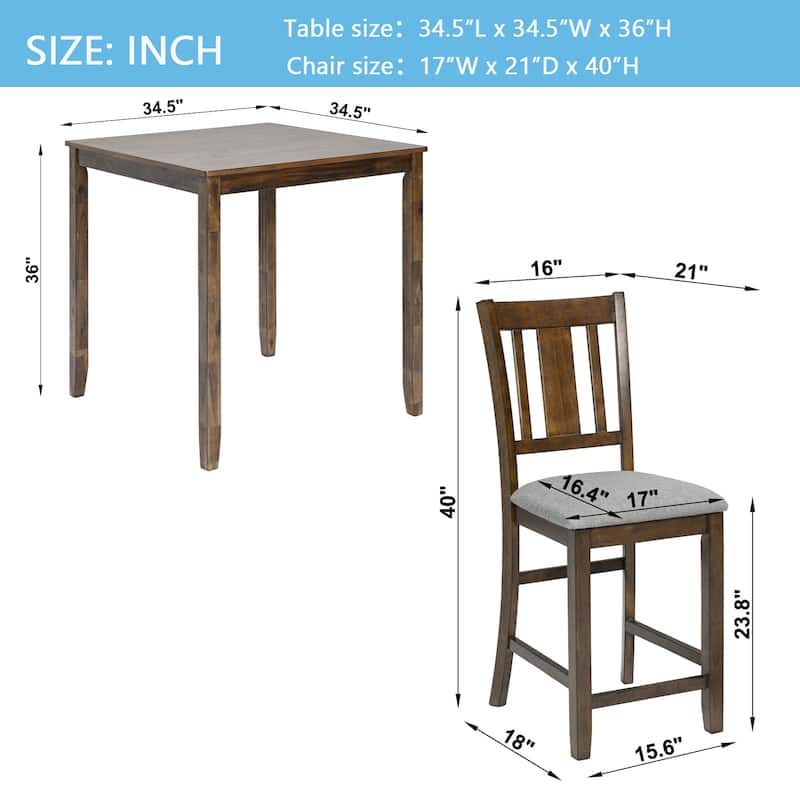 Counter Height Dining Table Set, 5 Piece Dining Table and Chair Set with Square Table and 4 Upholstered Chairs