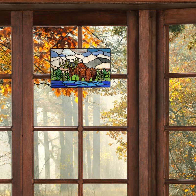 River of Goods Mountainscape Moose River of Goods Brown, Blue and Green Stained Glass Window Panel - 18.25" x 0.25" x 12"