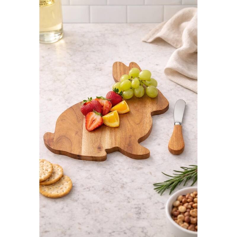 10" Spring Easter Bunny Rabbit Shape Smooth Acacia Wood 2-Piece Serving Charcuterie Platter Tray w/ Cheese Spreader Knife