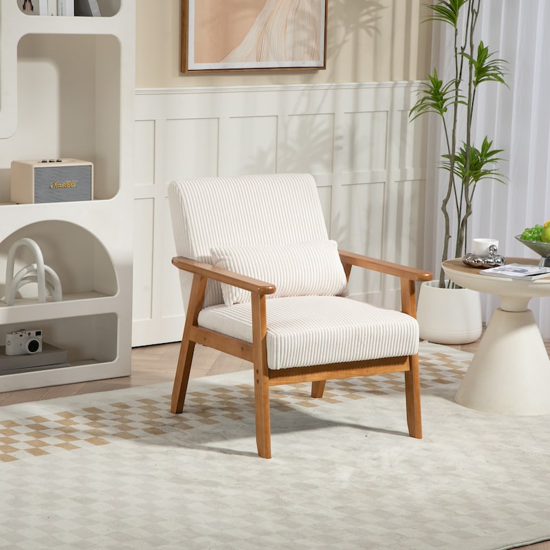 Corduroy Accent Chair,Solid Wood Armchair for Living Room - Beige