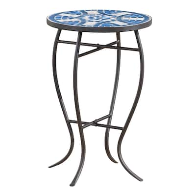 Outdoor Side End Table, 14 Inch Round Blue, White Mosaic Ceramic Top