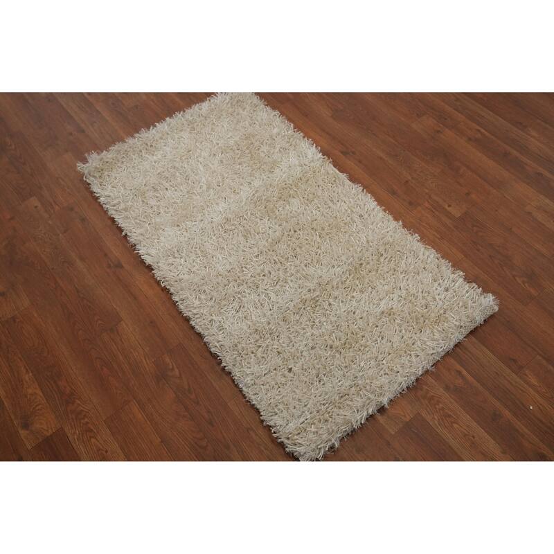 Hand Knotted Oriental Polyester Carpet Modern Solid Beige & Ivories Shaggy Area Rug - 3' 6'' X 1' 10''