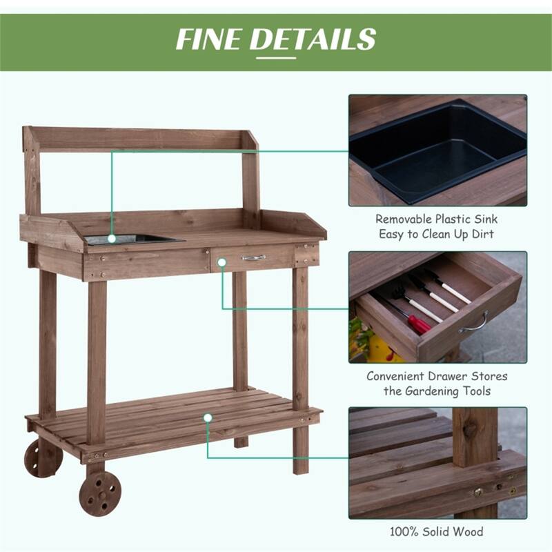 Brown Outdoor Wooden Potting Table with Storage Drawer Removable Sink and Movable Wheels - 36.25" L x 17.75" W x 46.75" H
