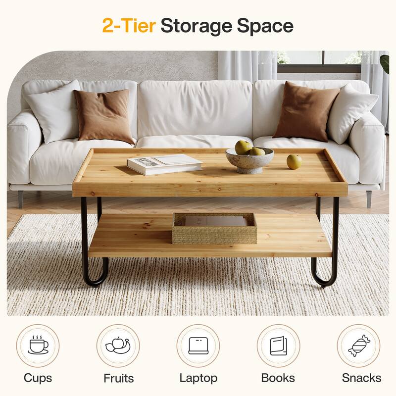 47 Inch Solid Wood Coffee Table 2-Tier Rectangular Center Table