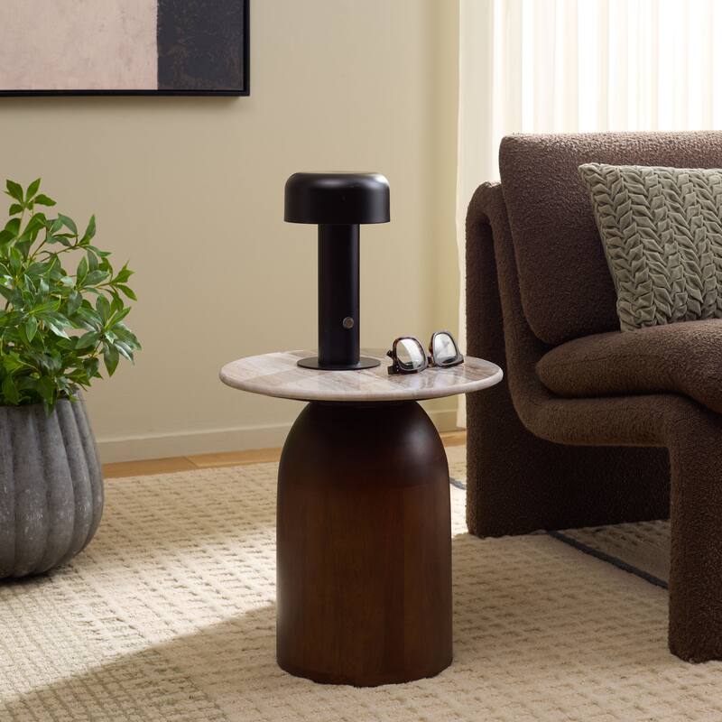 SAFAVIEH Home Calana Marble Side Table - 16"W x 16"D x 17"H - Brown And White/Dark Brown