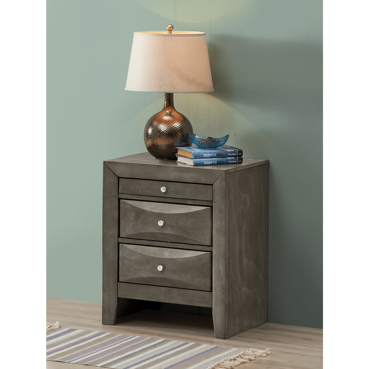 Grey Nightstand 28x23x17 Contemporary Bedside Table with Three Drawers, Durable Modern Bedroom Storage and Organization