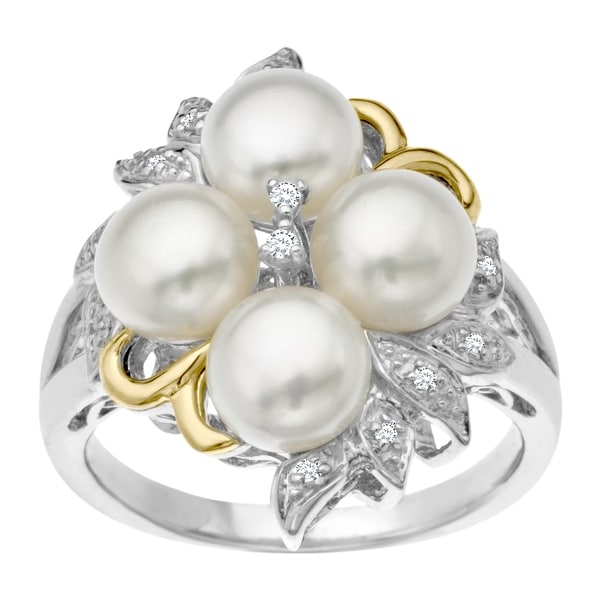 6 mm Pearl Ring with Diamonds in Sterling Silver and 14K Gold