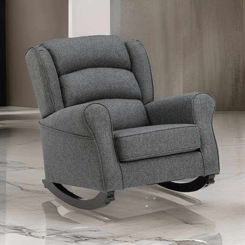 34 Inch Rocking Chair, Wood Frame, Channel Tufted Gray Fabric Upholstery