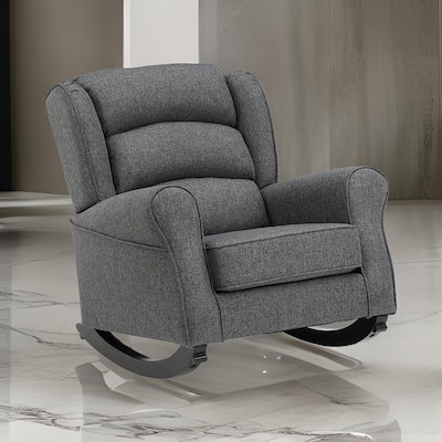 34 Inch Rocking Chair, Wood Frame, Channel Tufted Gray Fabric Upholstery