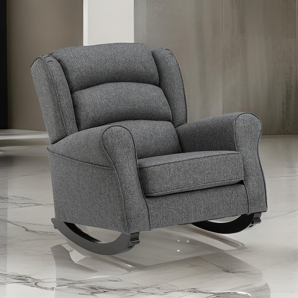 34 Inch Rocking Chair, Wood Frame, Channel Tufted Gray Fabric Upholstery