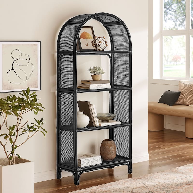 Celeste 67 Inch Tall Arched Natural Rattan Bookshelf - Black