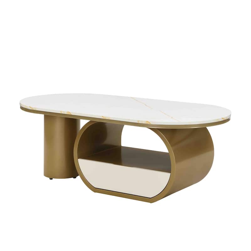 Elegant Contemporary Oval Cocktail Table with Hidden Storage, 47.24" Faux Marble Surface and Glamorous Gold-Tone Metal Base .