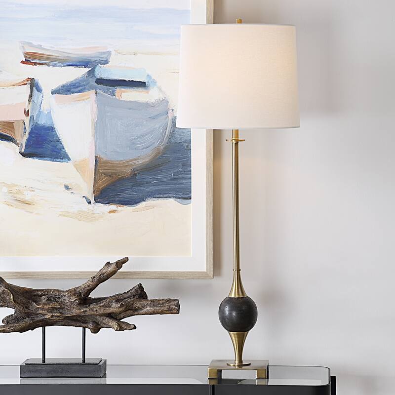 Dolomite Marble Orb Table Lamp with Drum Shade - 35" - Brass Finished and Black