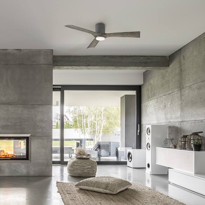 Aviator 54 Inch Three Blade Indoor / Outdoor Smart Flush Mount Ceiling Fan with Six Speed DC Motor.
