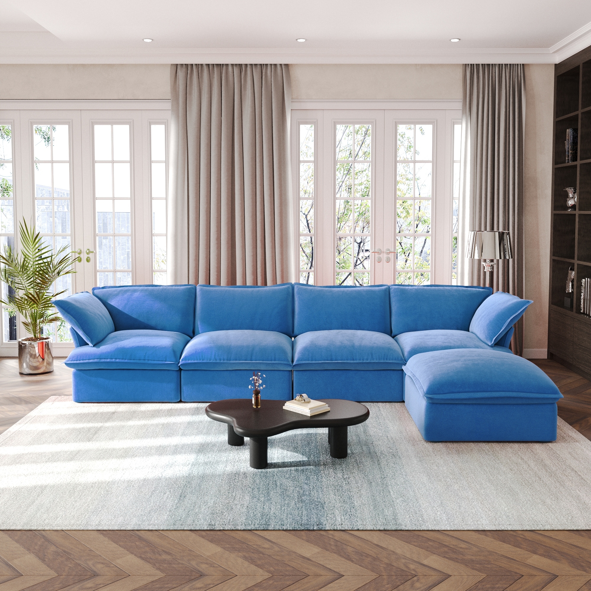 L-Shaped Velvet Sectional Sofa Couch with Movable Storage Ottoman