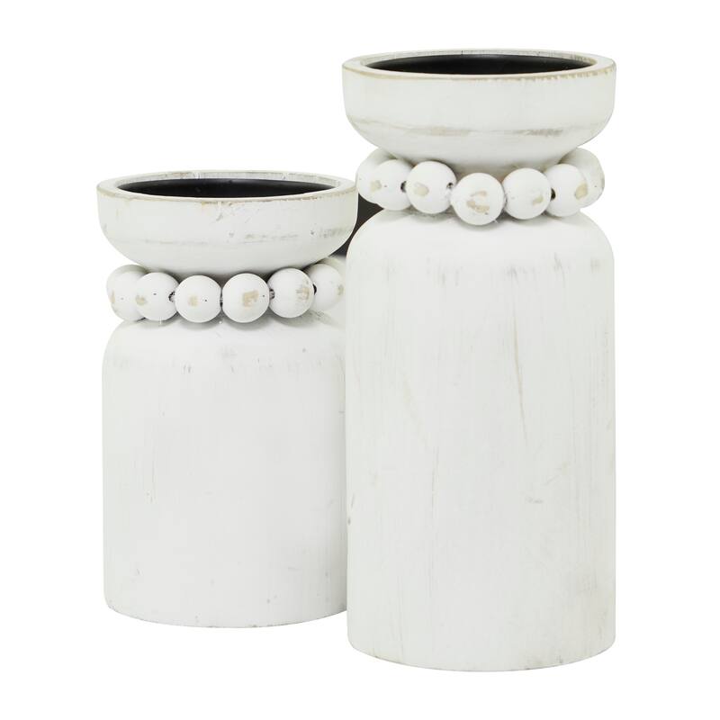 Brown or White Wood Beaded Pillar Candle Holder (Set of 2)