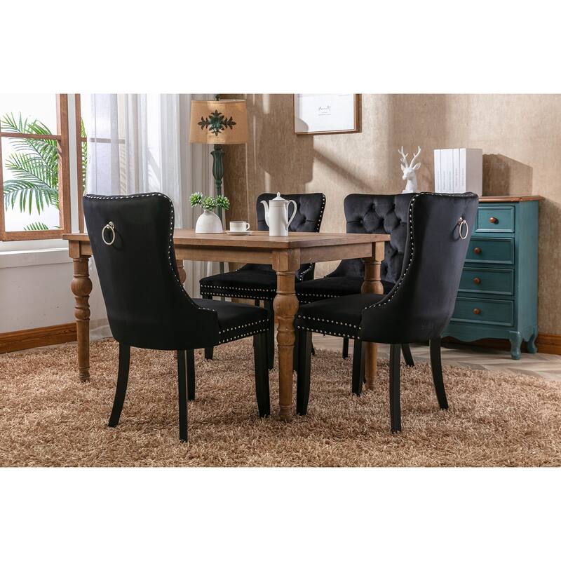 High-end Tufted Solid Wood Contemporary Velvet Upholstered Dining Chair with Wood Legs Nailhead Trim 2-Pcs Set