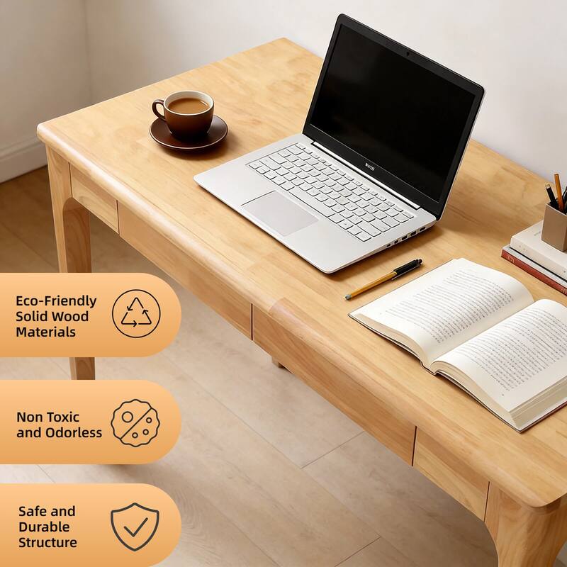 Anmytek Natural Solid Wood Writing Desk with Storage Drawers Mid Century Modern Home Office Workstation for Small Spaces