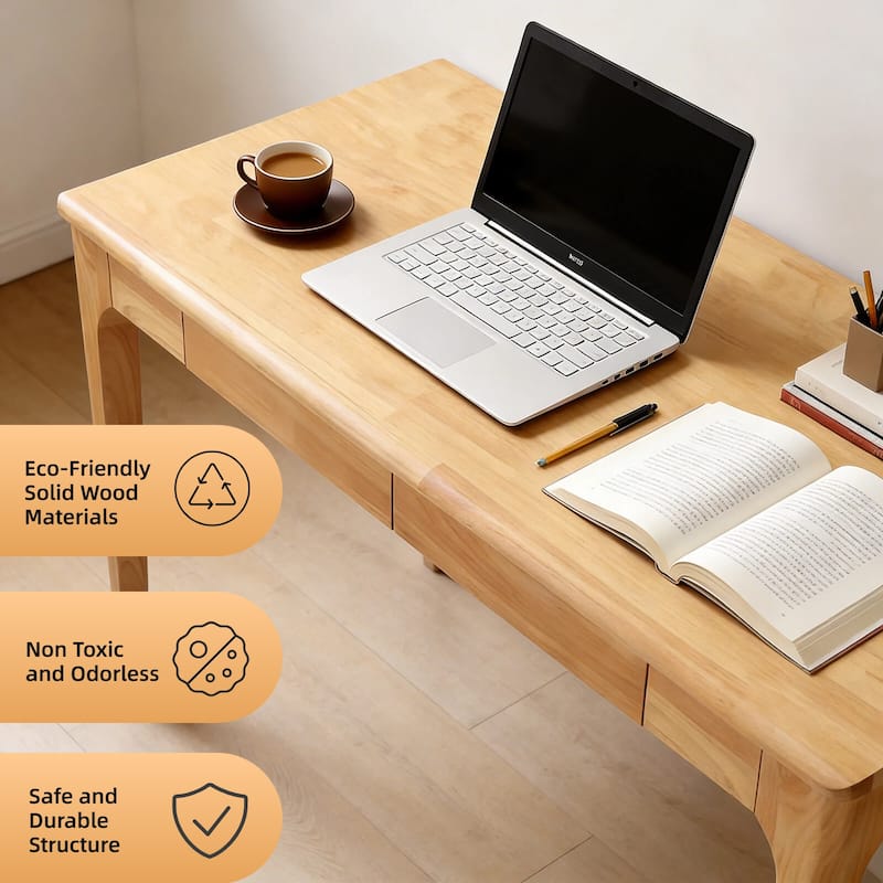 Solid Wood Mid-Century Modern Desk with Drawers for Home Office