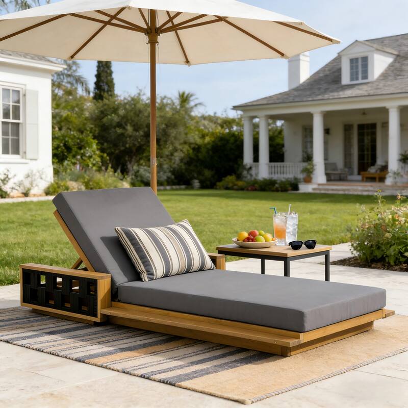 Christopher Knight Home - Modern Outdoor Solid Acacia Wood Lounge Chair with Adjustable Recline and Rope Accents - 78.94"L