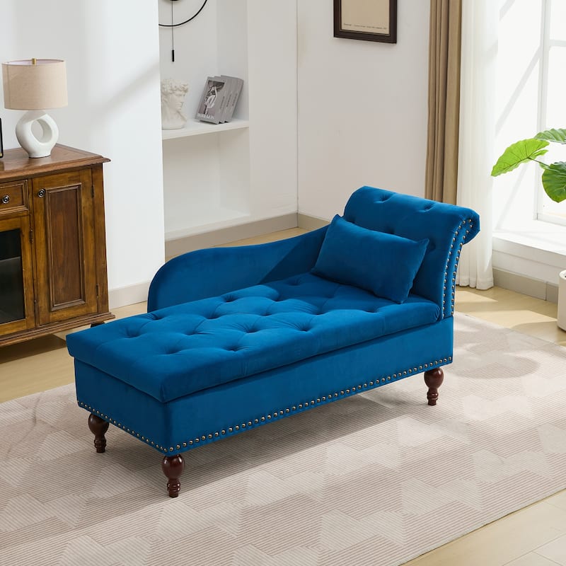 Velvet Chaise Lounge with a Storage Function, Tufted Cushions & Nailheads