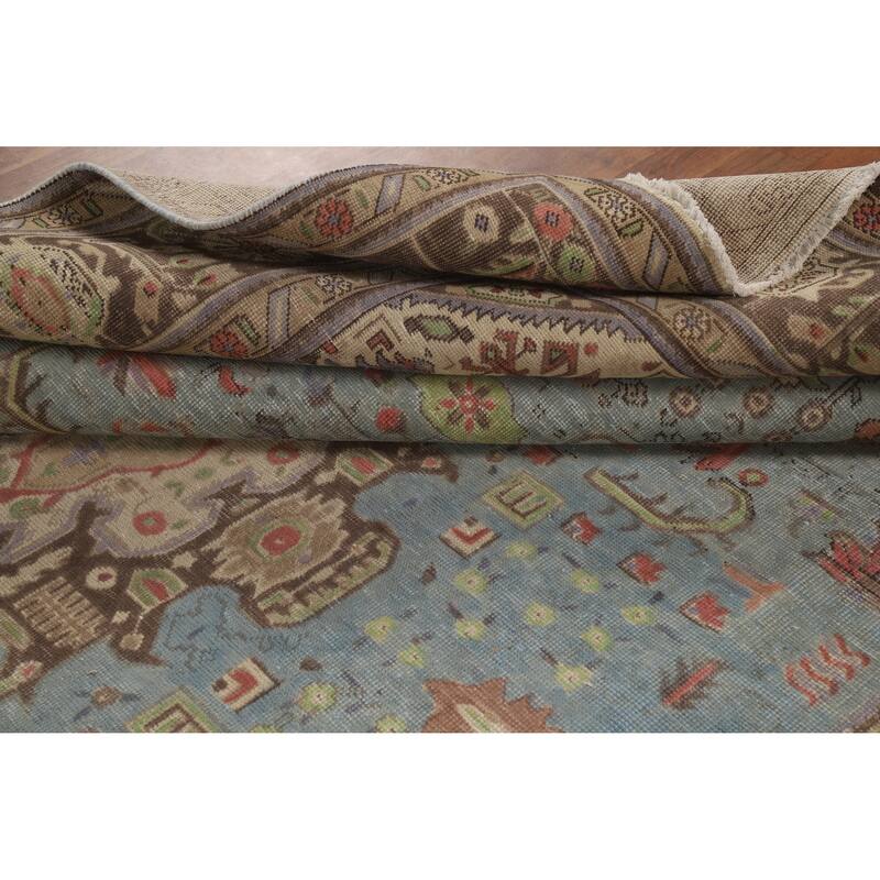 Light Blue Geometric Tabriz Persian Vintage Rug Handmade Wool Carpet - 7'10" x 10'9"