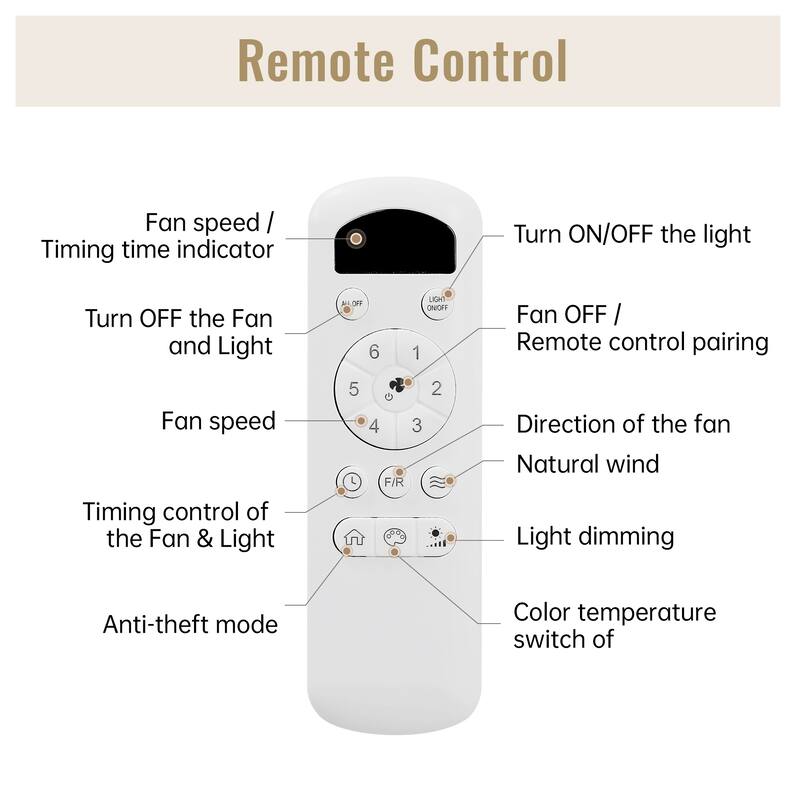 6-Speed Remote Control Ceiling Fan with 3-Color Changing Light & Timer Function, Reversible DC Motor