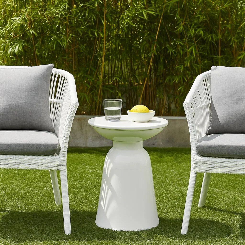 Suma Outdoor End Table, Round 15 Inch Top, Pedestal Base, White Iron