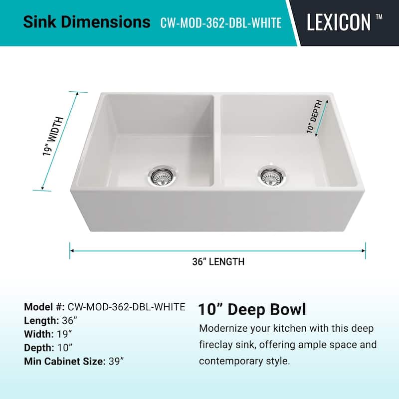 36 x 19 Inch Fireclay Kitchen Sink, Farmhouse Sink, White Fireclay Kitchen Sink, Double Bowl Apron Front, Plain... - 36"x19"