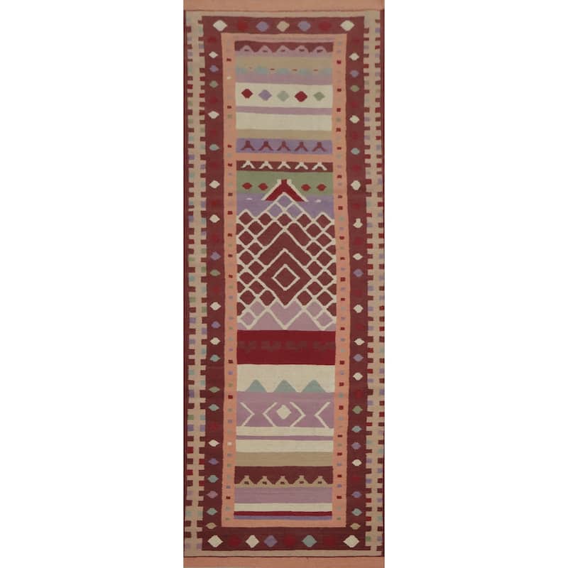 Hand Woven Oriental 100% Wool Carpet Southwestern Tribal Multi-Colored Kilim Runner Rug - 12' 10'' X 3' 2''