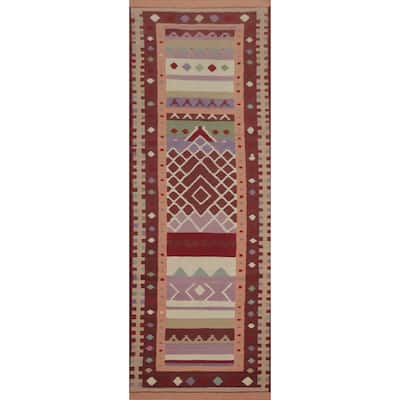 Hand Woven Oriental 100% Wool Carpet Southwestern Tribal Multi-Colored Kilim Runner Rug - 12' 10'' X 3' 2''