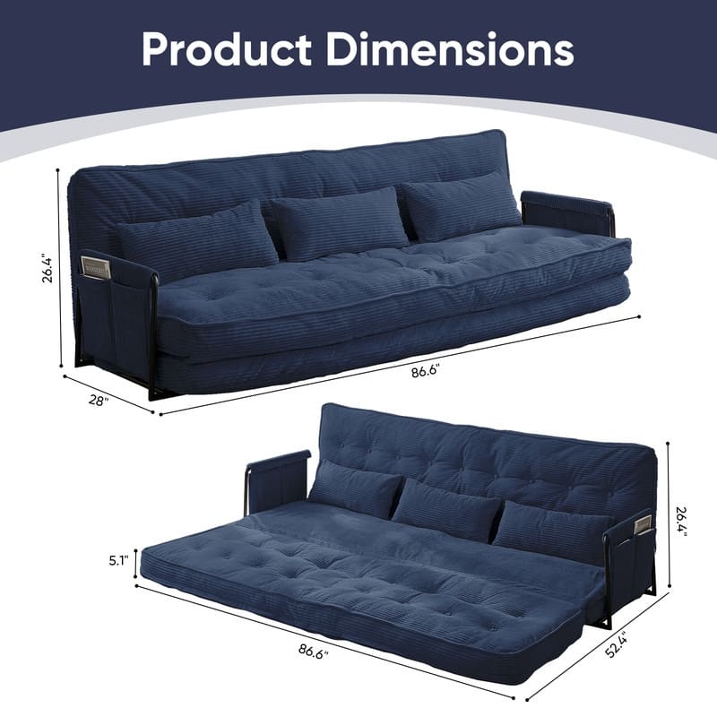 Mixoy Muti-Functional Folding Futon Sofa Bed Floor Sofa Bed，3-Seater Lazy Sofa with Pillows,6 Position Adjustable Backrest