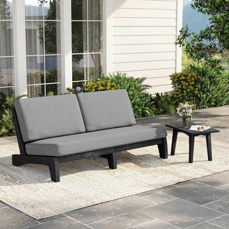 2-Piece Casual Teak Outdoor Patio Sofa Set with Side Table - Dark Wood - Grey