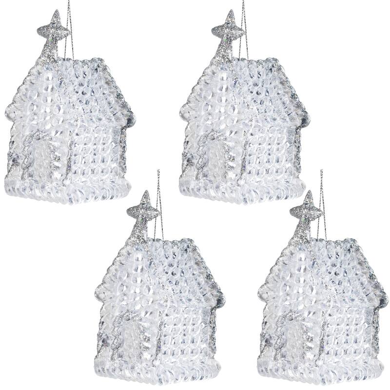 Glittered Acrylic Church Christmas Ornaments - 4.75" - Silver - 4ct
