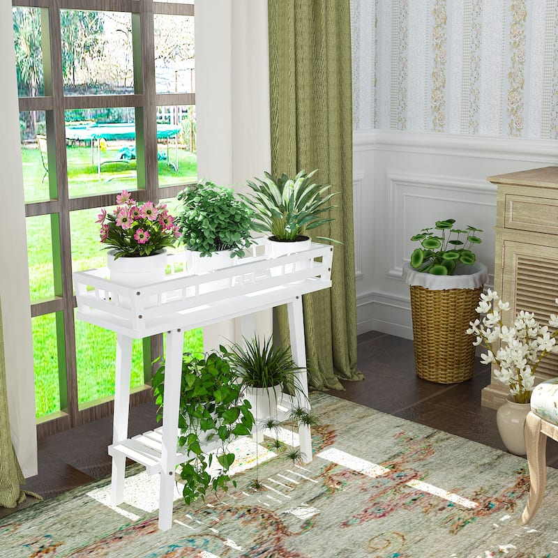 2 Tier Wood Plant Stand Flower Shelf Indoor Outdoor Narrow Table White - 29" L x 10.6" W x 27.2" H