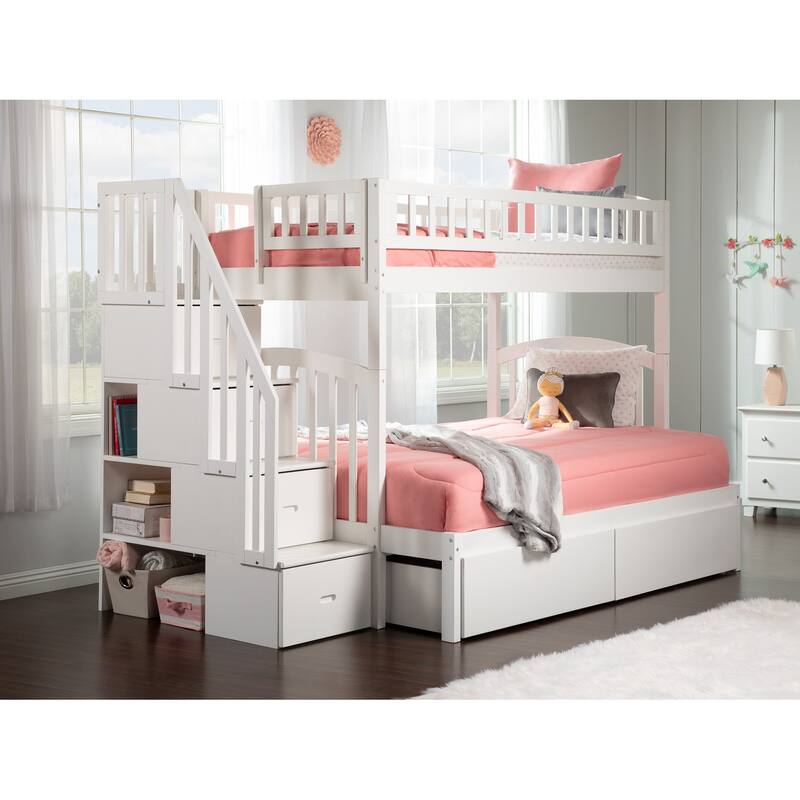 AFI Westbrook Twin over Full Size Staircase Bunk Bed with Bed Drawers & Charging Station in White - White - Twin